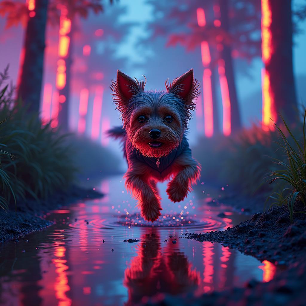 Neon Yorkshire Terrier Racing a Glowing River