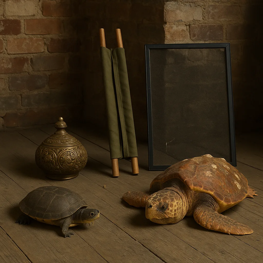 Five Distinct Items—a Subadult Mud Turtle with its Grayish-brown Shell