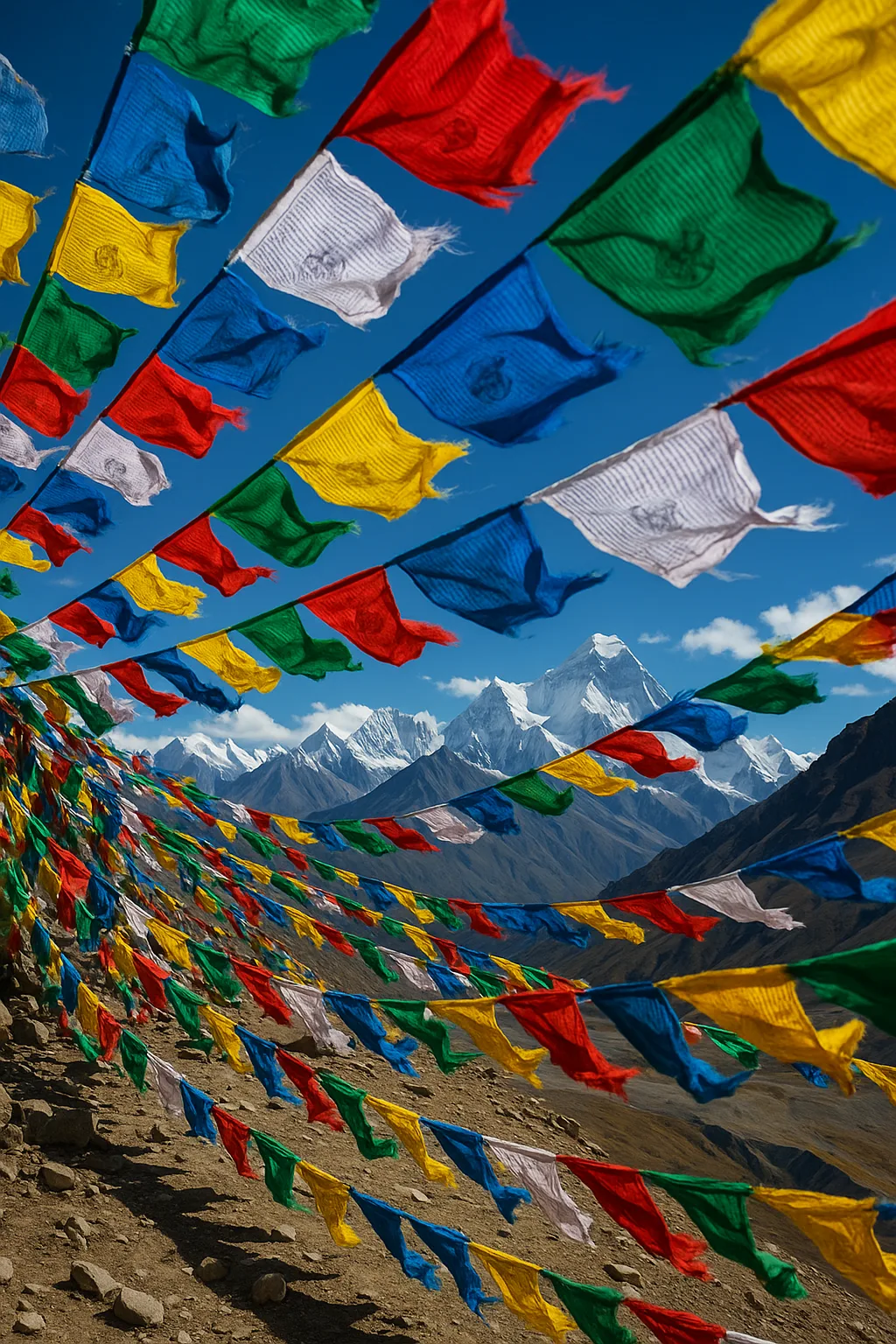 Myriad Colorful Prayer Flags Flutter Intensely in the Wind