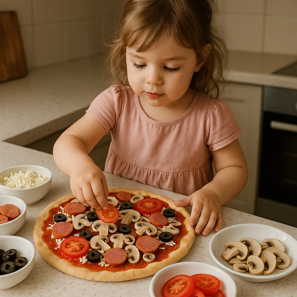 Young Child in a Pink Dress Is Assembling a Pizza