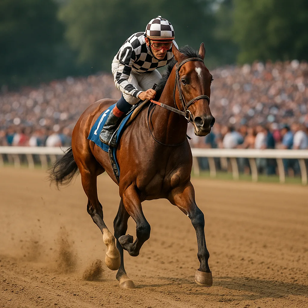 Lone Racehorse with Jockey Wearing Checkered Silks Leads Far Ahead