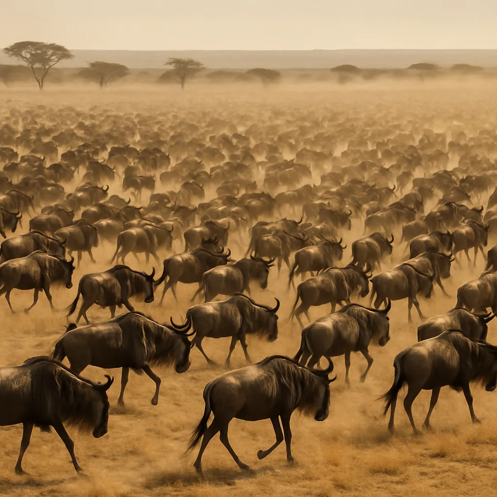 Sprawling Herd of Innumerable Wildebeest Kicks Up Dust