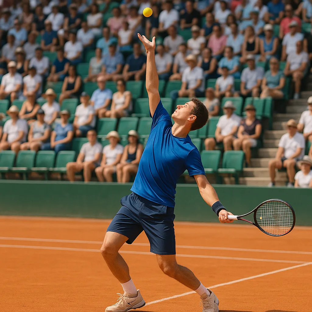 Tennis Player in a Blue Shirt Serves on a Clay