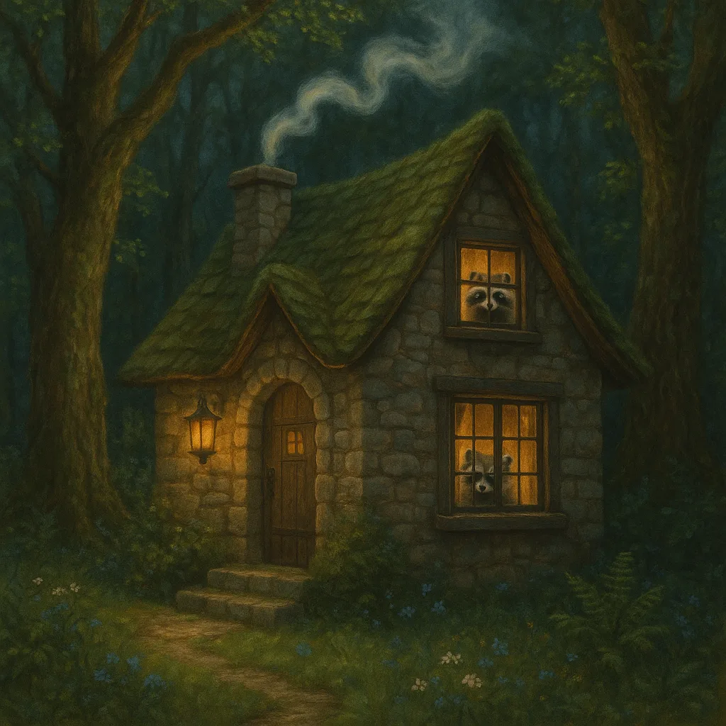 Magical Forest Cabin with Smoke Gently Rising from the Chimney