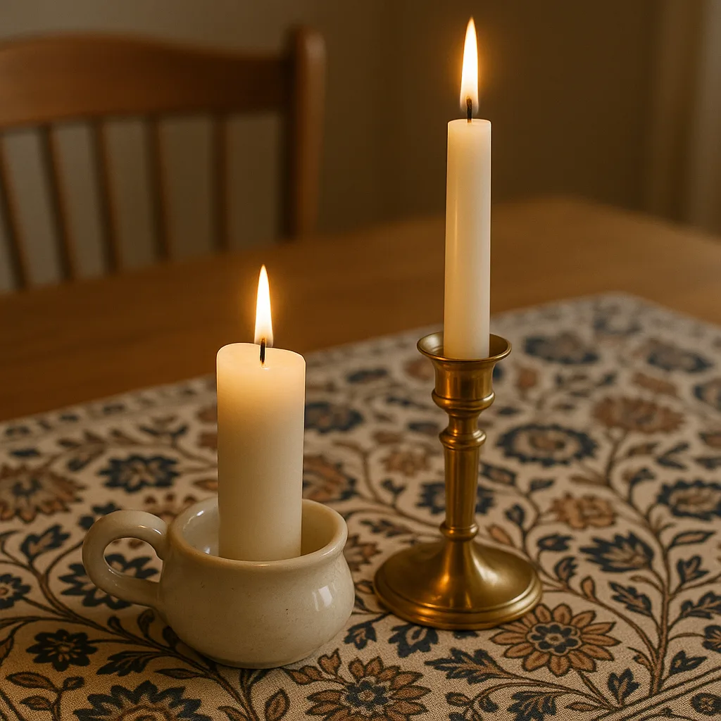Oak Dining Table Is Enhanced by a Patterned Tablecloth