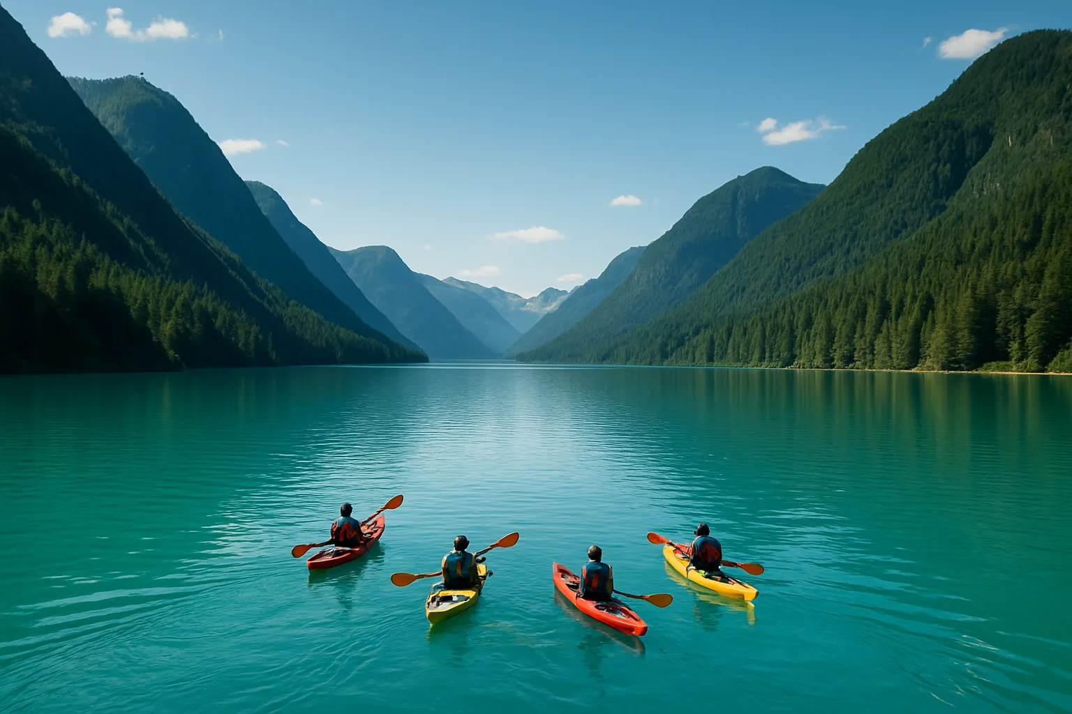 Small Group of Kayakers Paddles Across a Vast