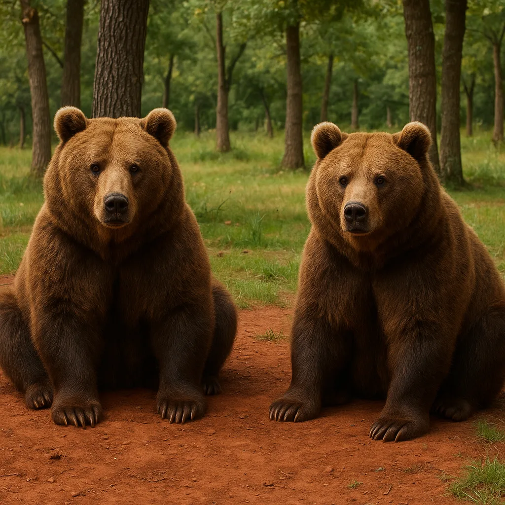 Two Large Brown Bears Sitting on Red Soil