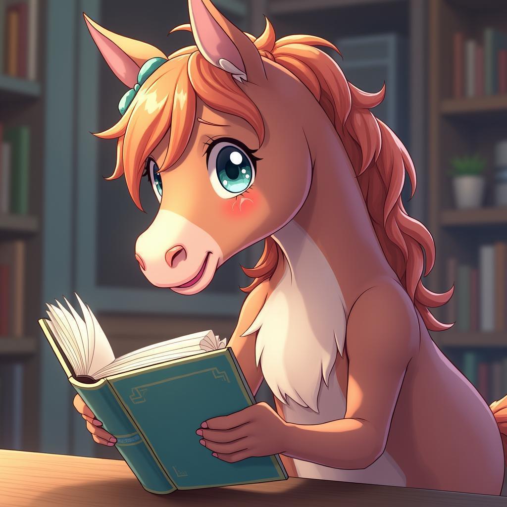Studious Horse Reading a Book in Anime