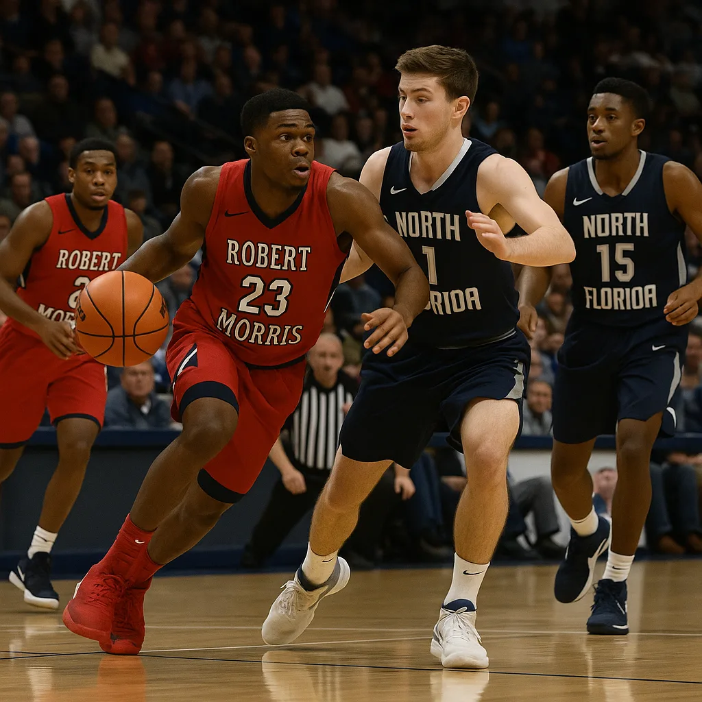 College Basketball Game Scene Featuring Players Wearing "Robert Morris"