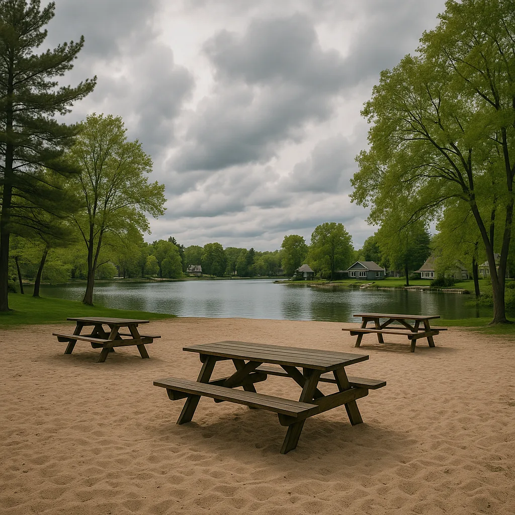 Sandy Lakeside Area with Picnic Benches