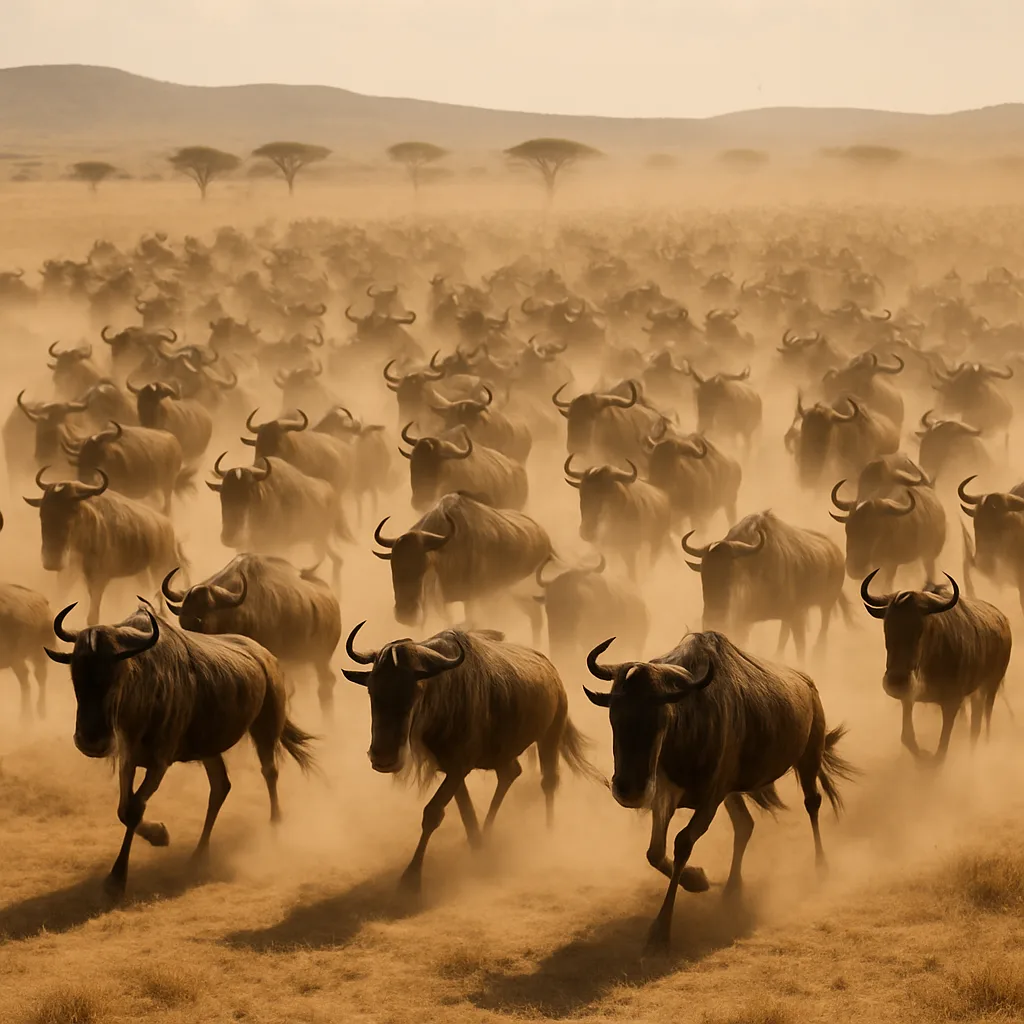 Massive Herd of Wildebeest Kicks Up Clouds of Dust