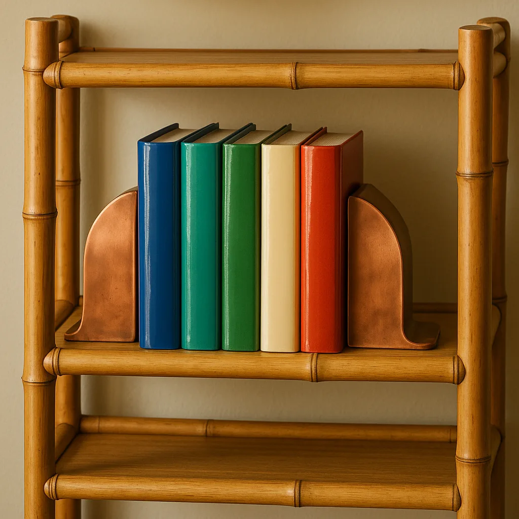 Glossy Books Are Showcased by the Copper Bookends