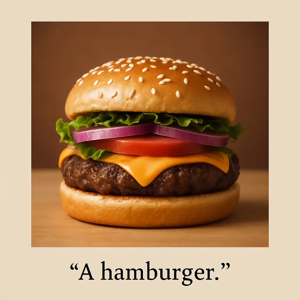 Craft a Single-sentence Description of a Hamburger Using Exactly One