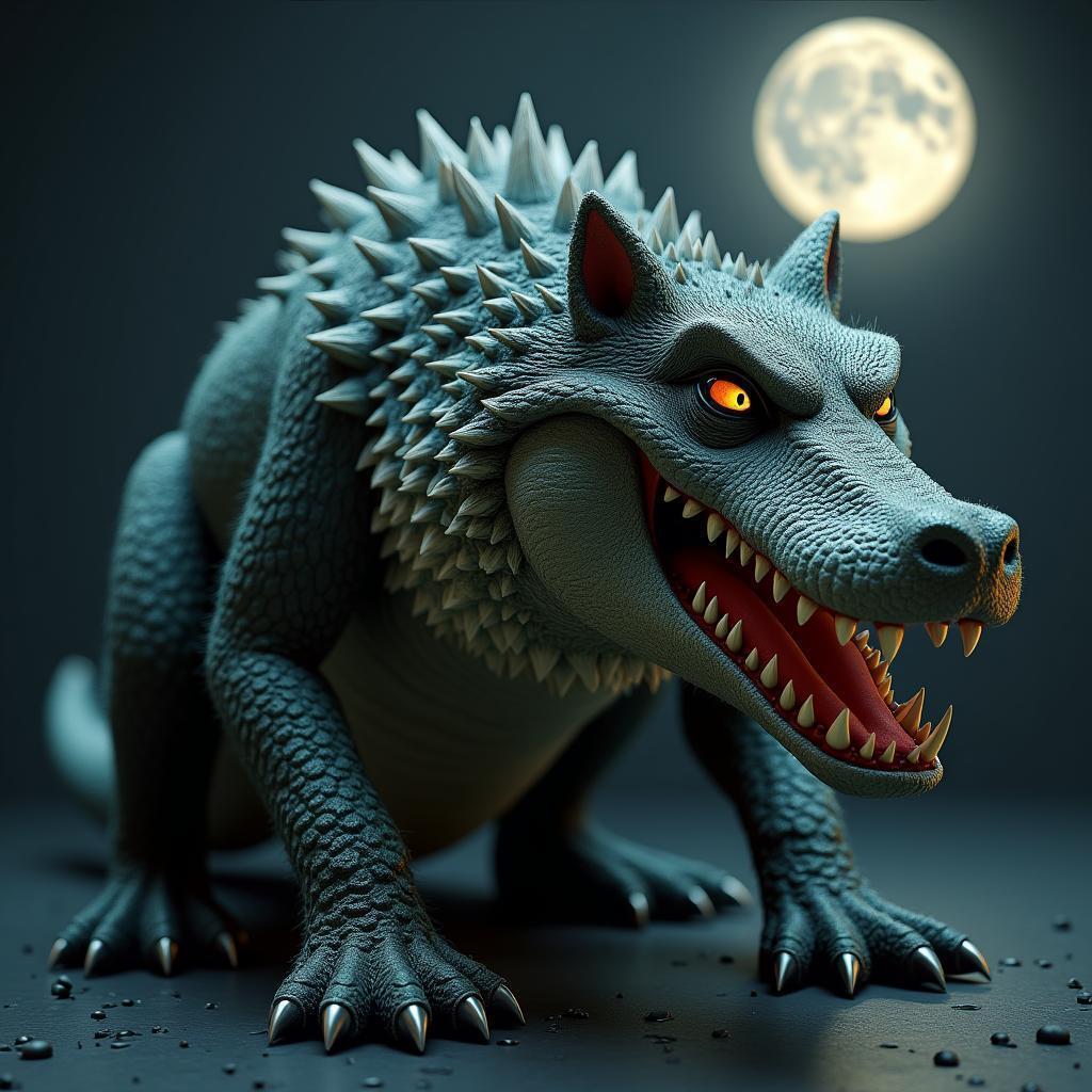Furred Crocodile With a Wolf Head at Moonrise