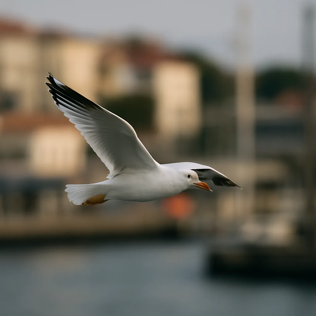 Seagull in Mid-flight over a Waterfront with Blurred Buildings