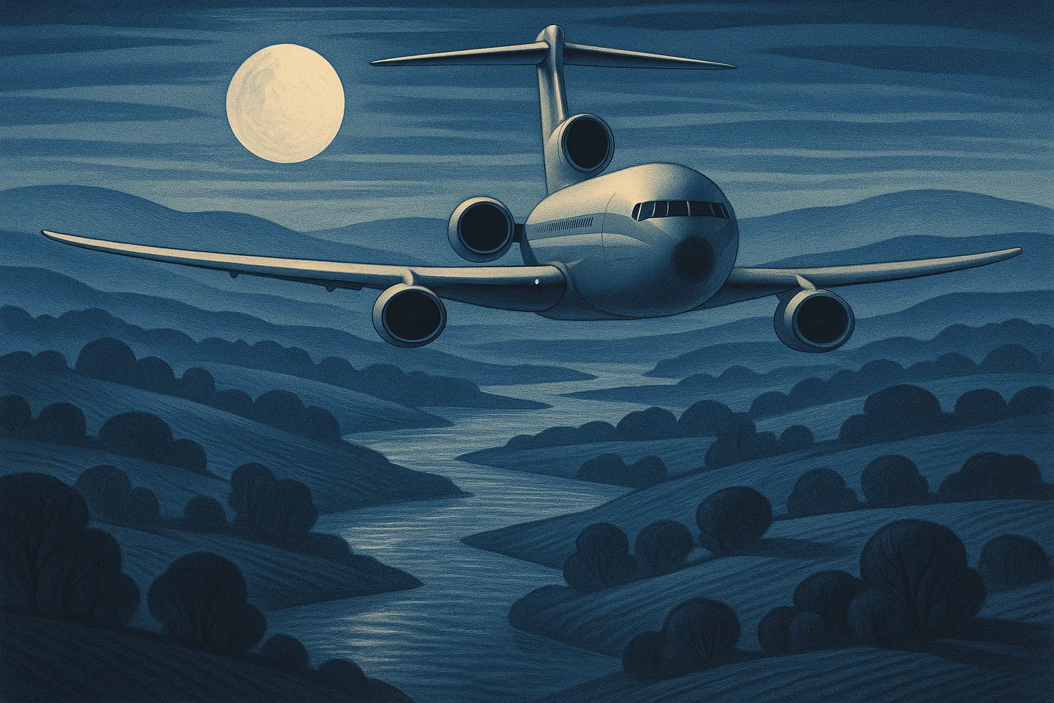 Tri-jet Airliner with Oval Intakes and Elliptical Wings Glides Centrally