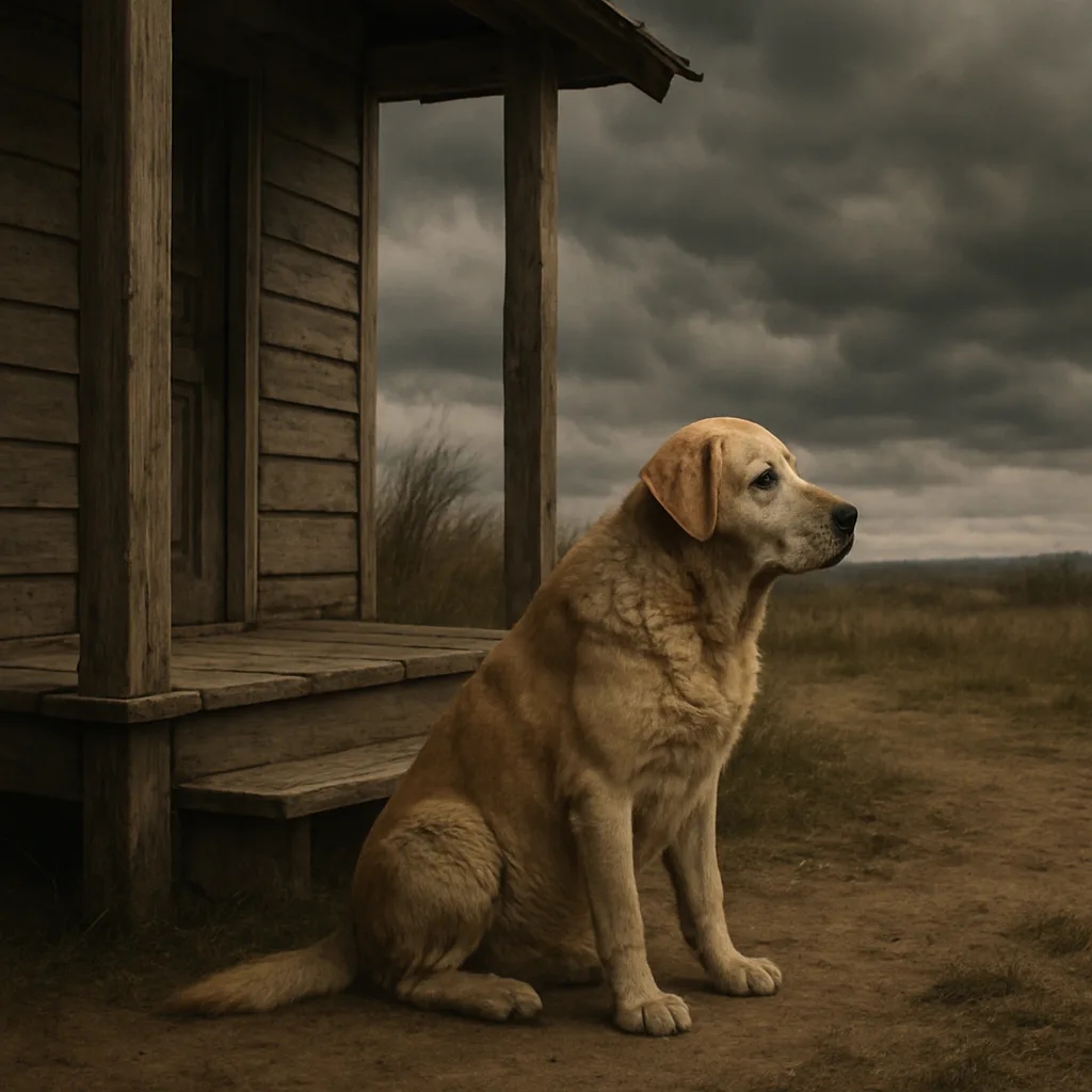 Elderly Dog Rests Silently Beside a Worn Wooden Porch