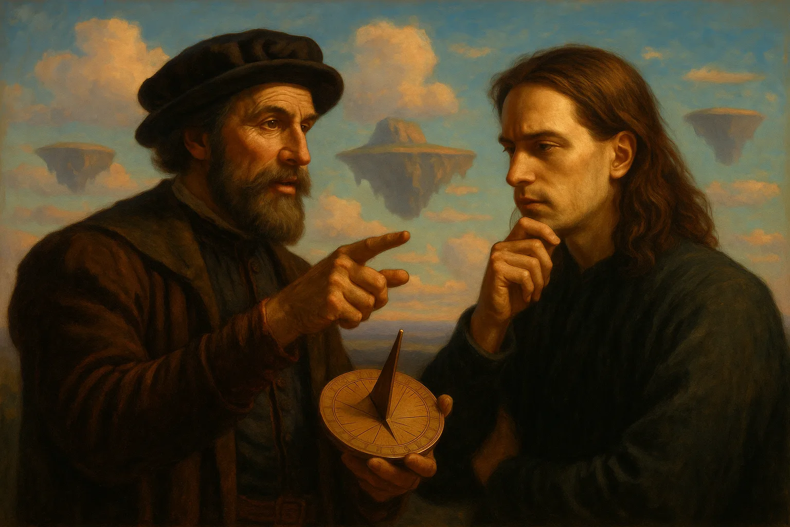 Renaissance Explorer Gestures with a Copper Sundial Towards a Contemplative