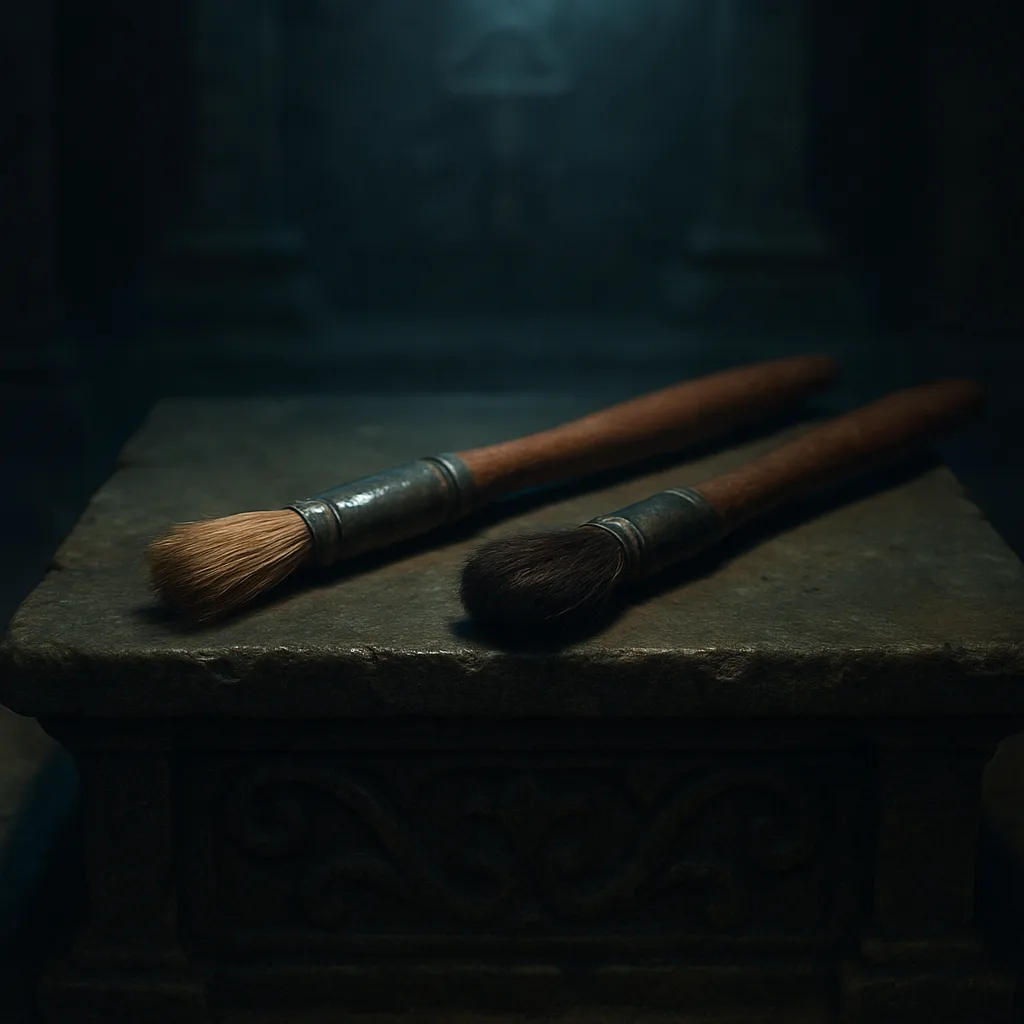 Two Diverse Paintbrushes Rest in Shallow Focus on a Mysterious