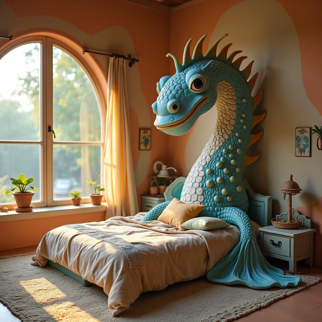 Surreal Aquatic Clay Sculpture in Golden Bedroom