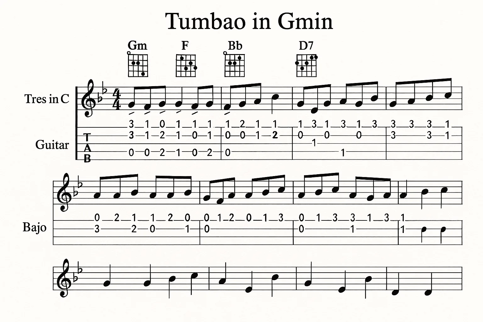 Sheet Music Titled "Tumbao in Gmin" for Guitar