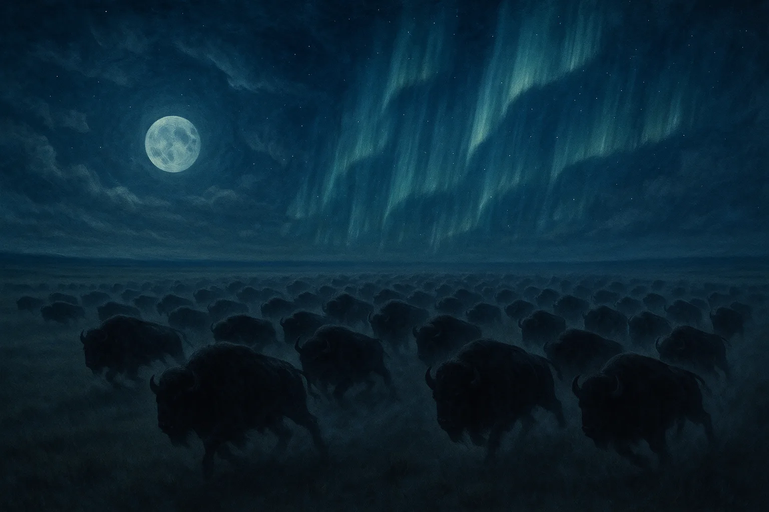 Vast Herd of Shadowy Bison Thunders Across an Expansive