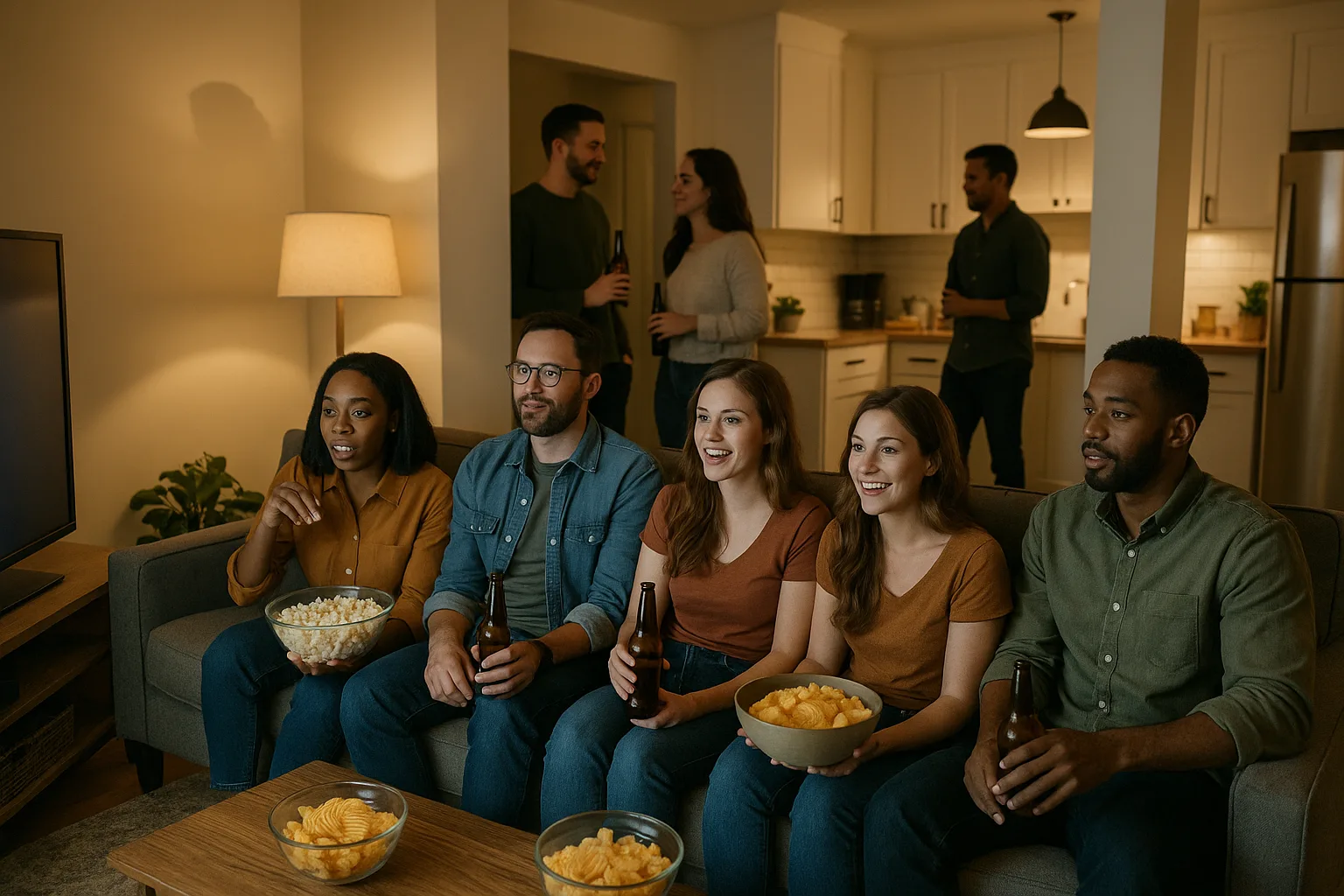 Group of People Gathered in a Living Room Watching TV