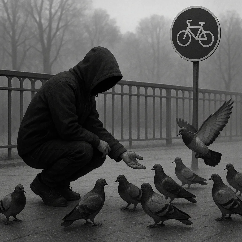 Hooded Person Interacts with Pigeons near a Park