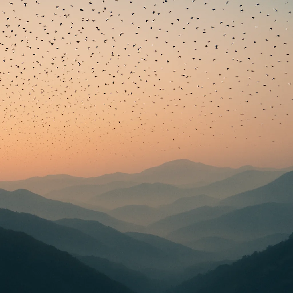 Innumerable Tiny Silhouettes of Birds Soar Gracefully Above a Vast