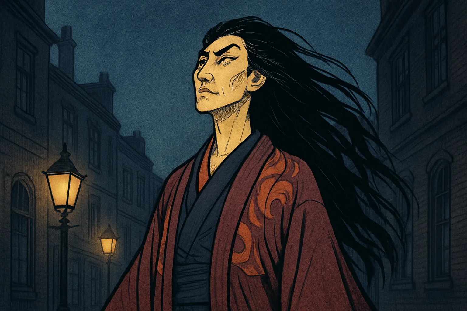Ageless Ukiyo-e Figure with Jet-black Hair Stands Confidently