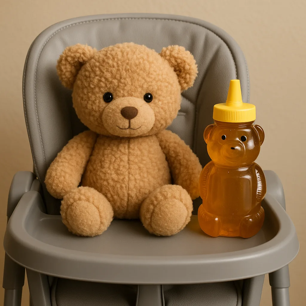 Stuffed Teddy Bear Sits in a Gray High Chair Next