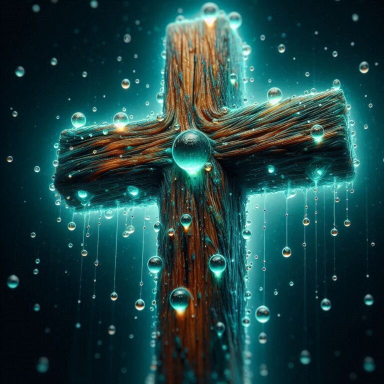 Bioluminescent Wooden Cross with Water Drops