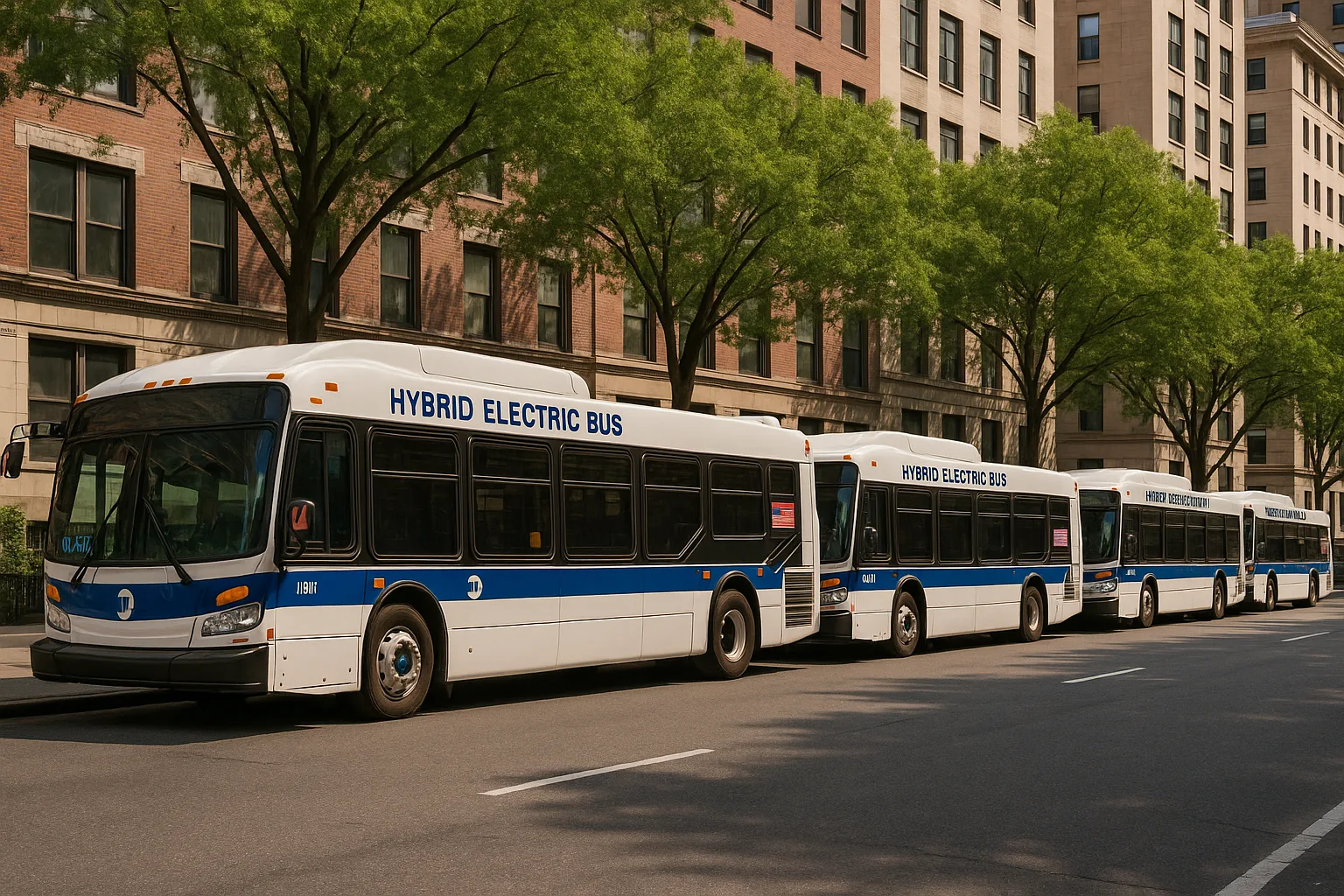 Row of NYC Hybrid Electric Buses
