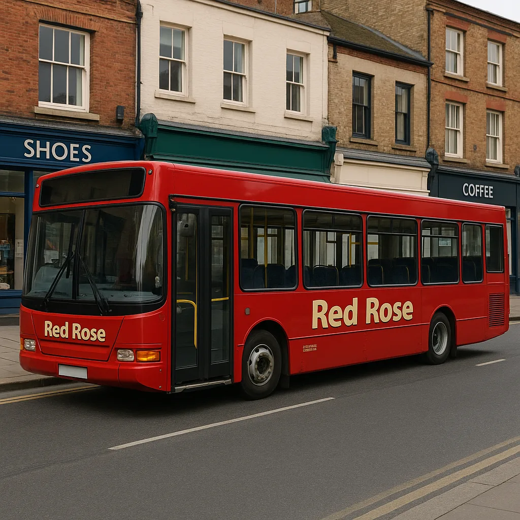 Red "Red Rose" Bus Parked on a Street in Front