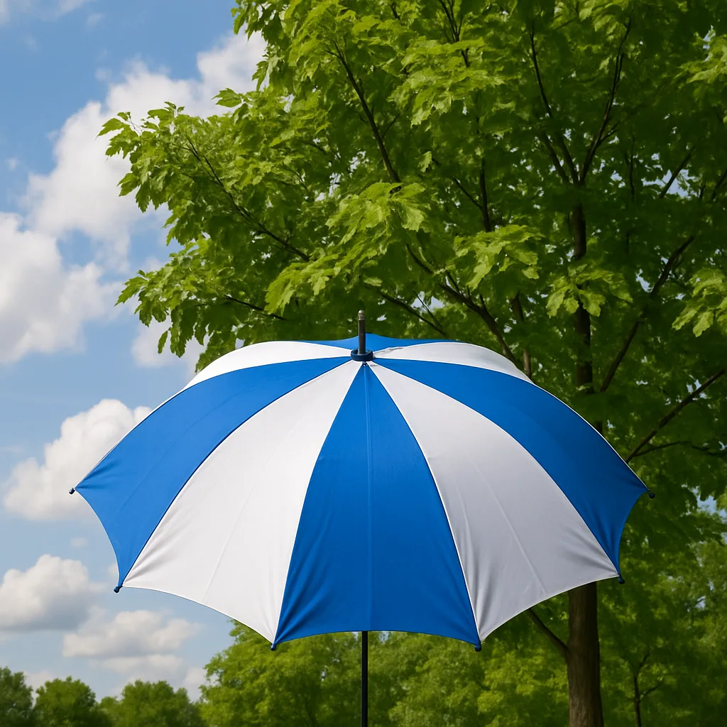 Blue-and-white Umbrella Is Held Up in Front of a Tree