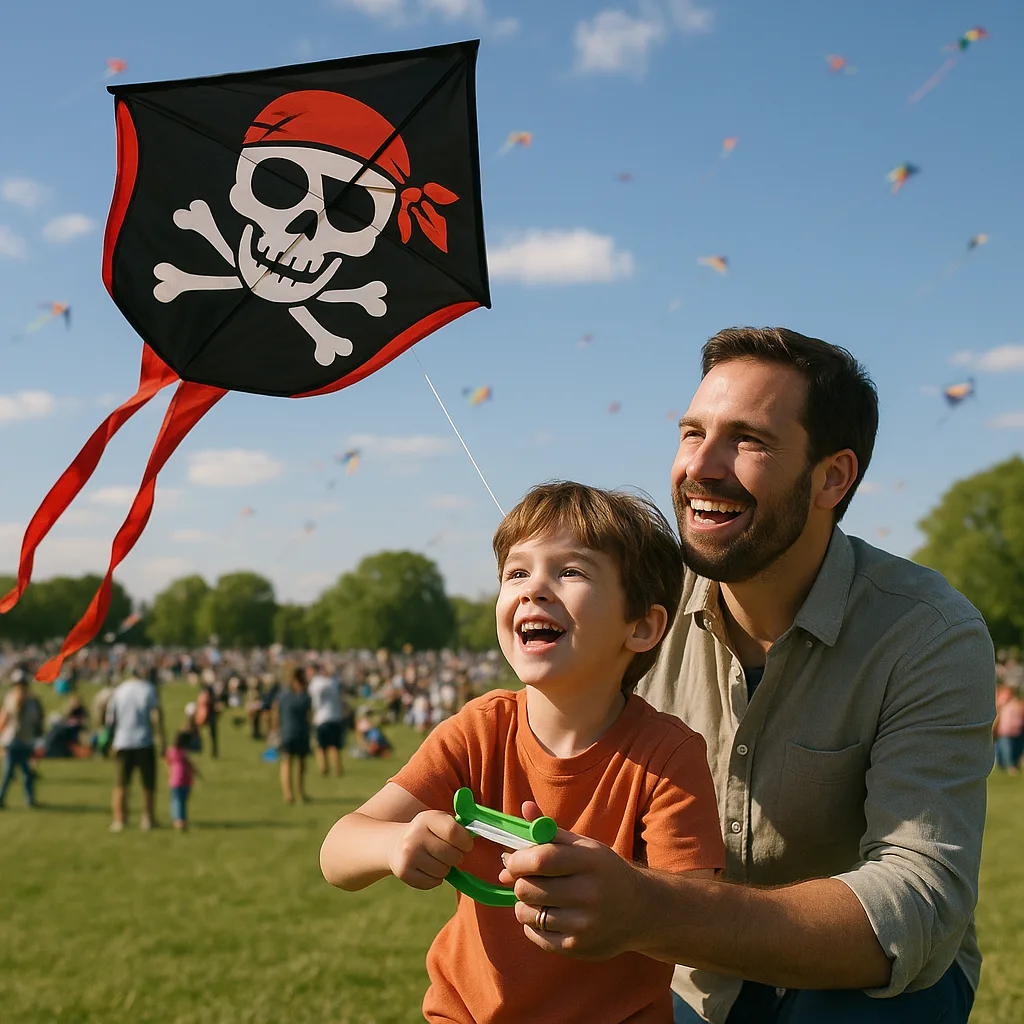 Father and Son Fly a Pirate-themed Kite
