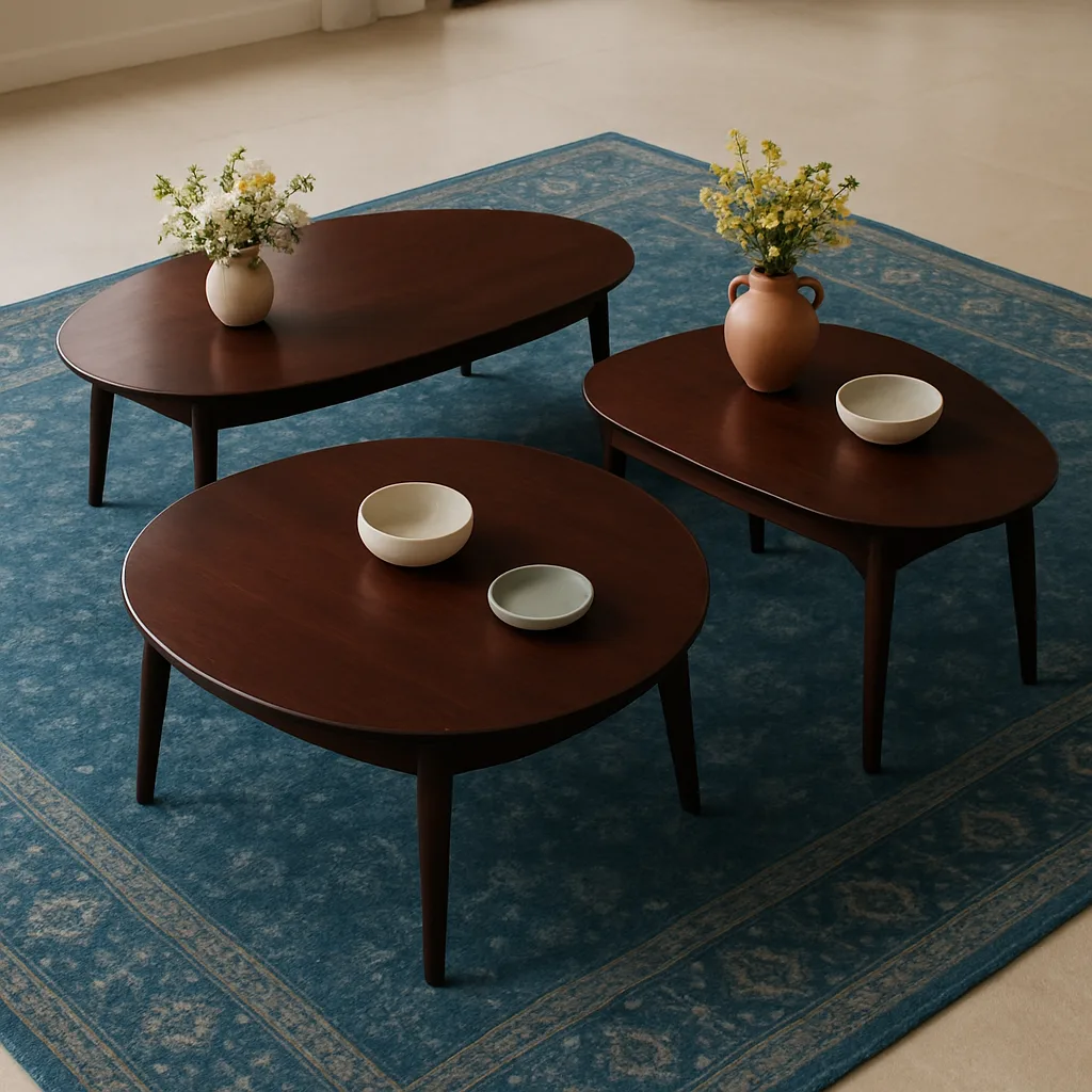Three Distinct Dark Mahogany Coffee Tables—each with a Unique Shape—rest