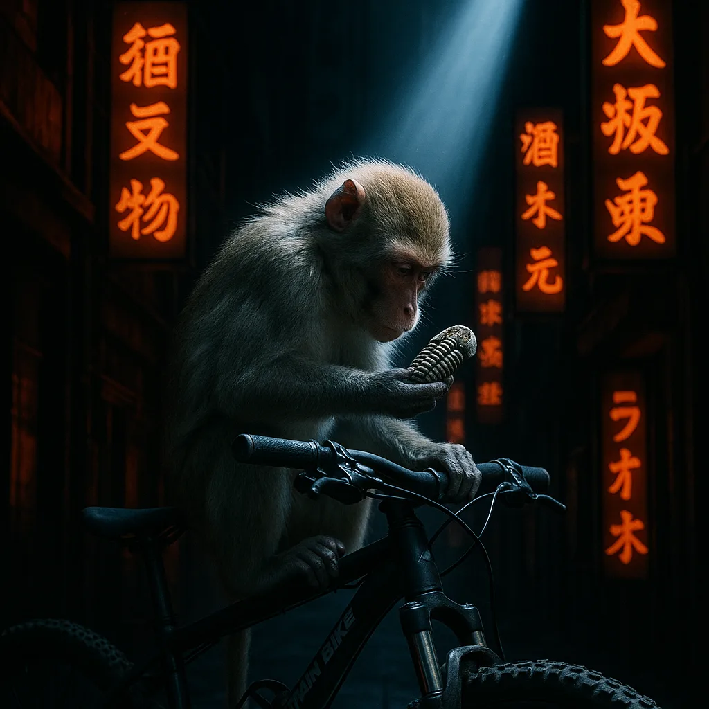 Macaque Studies a Trilobite on a Mountain Bike