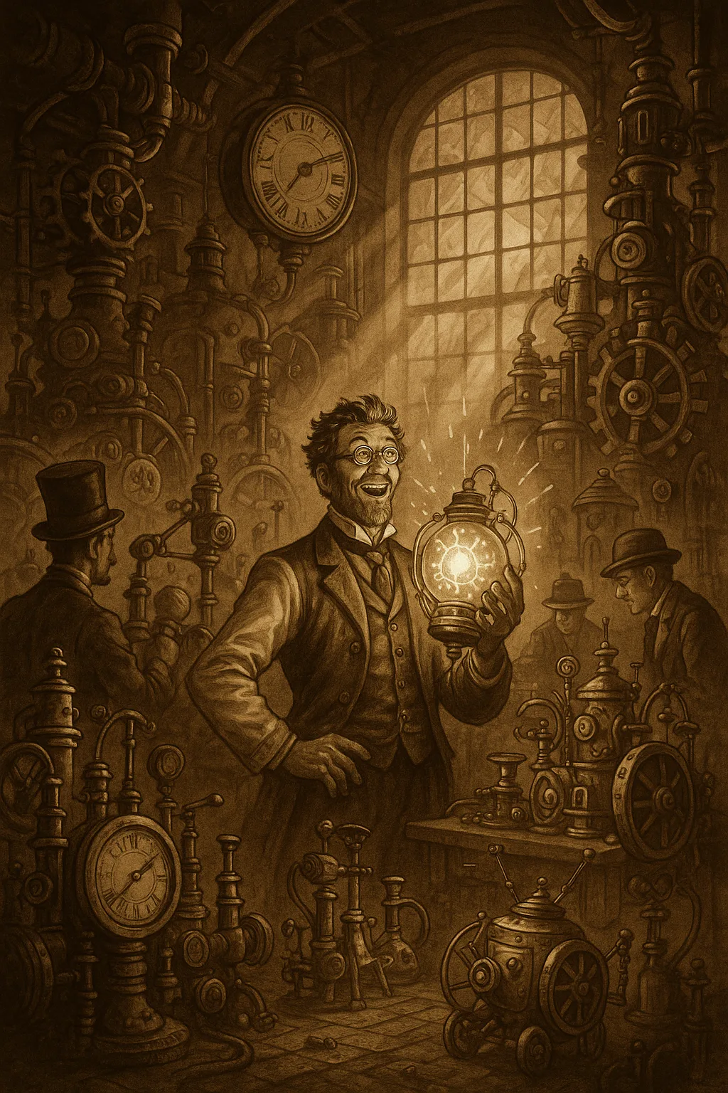 Compose an Illustration Depicting a Lively 19th-century Steampunk Laboratory