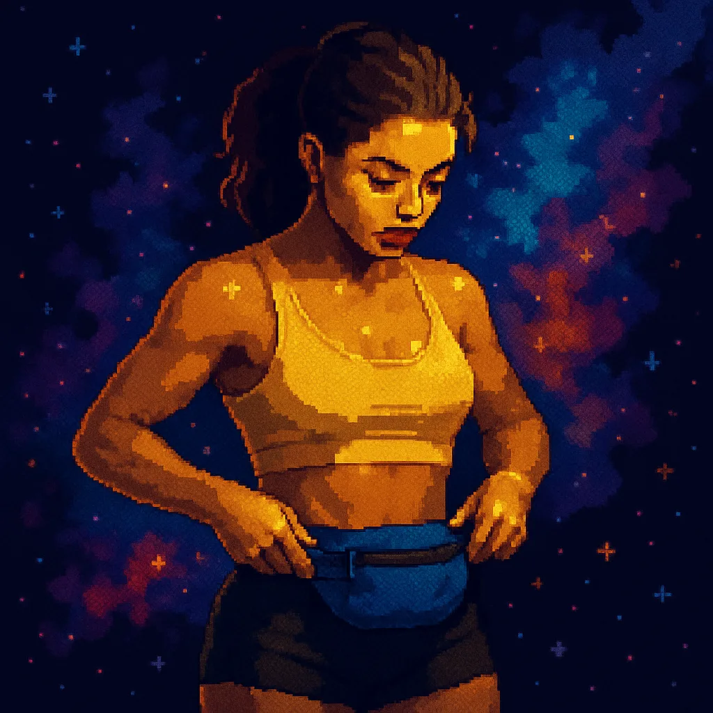 Female Pixel-art Athlete with Defined Lips Adjusts Her Fanny Pack