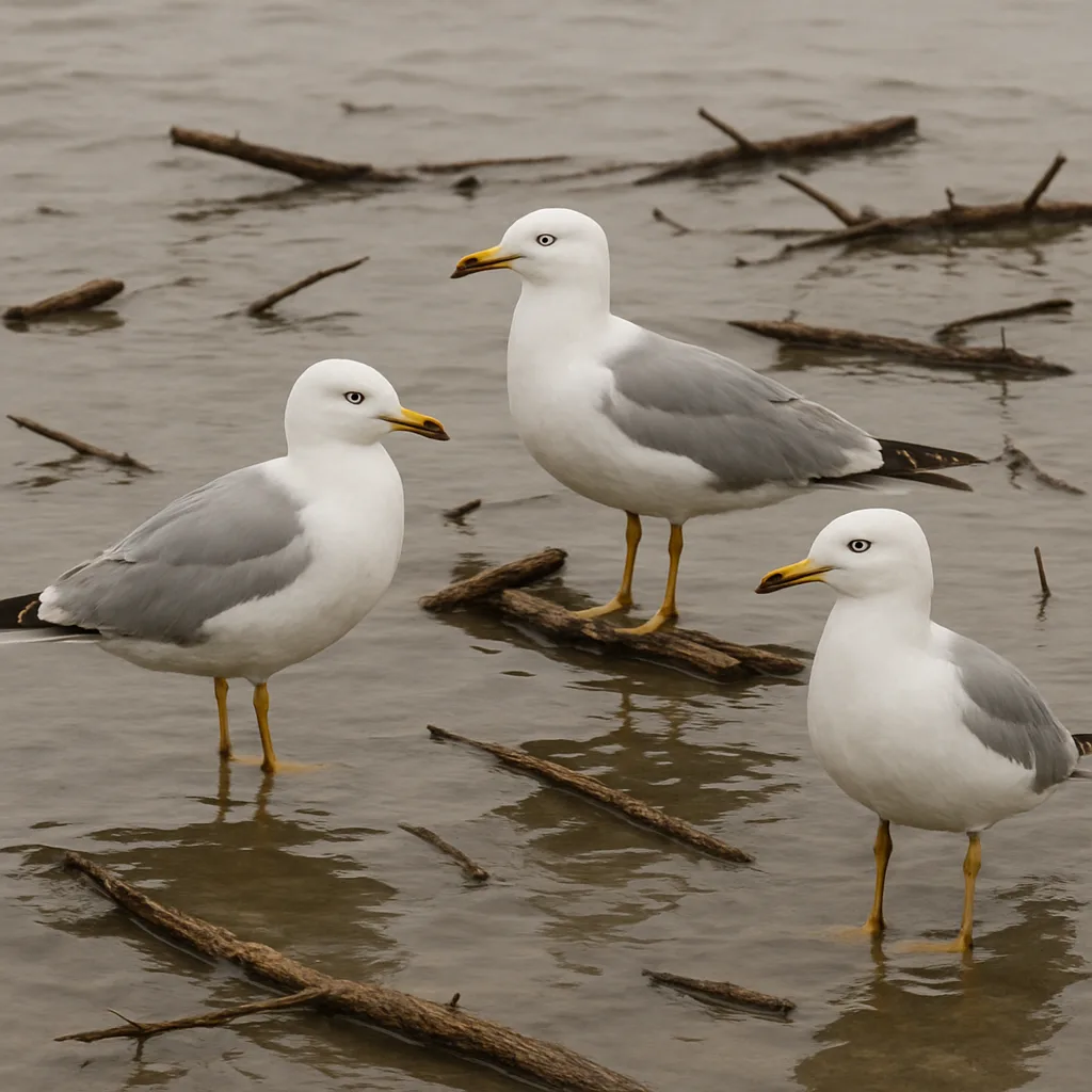 Three Seagulls Stand and Wade in Shallow Water