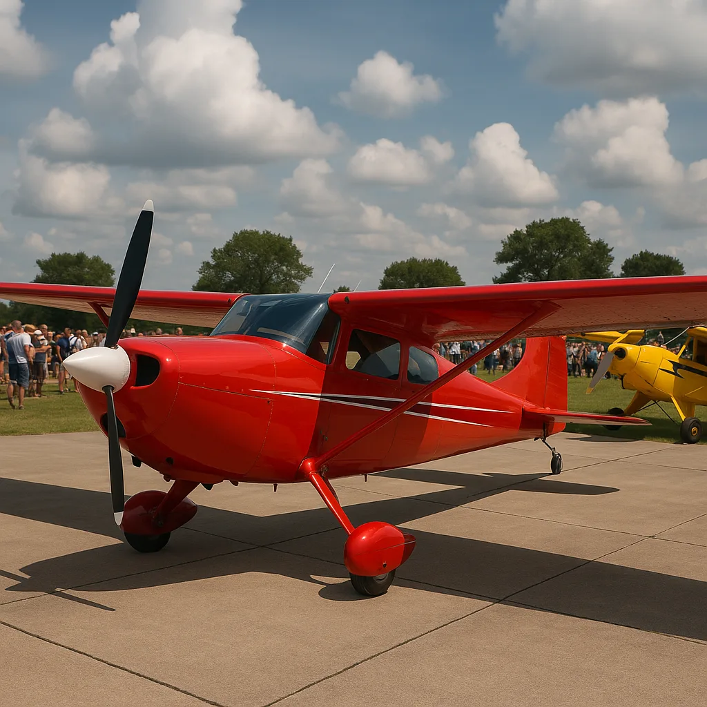 Red Single-engine Aircraft on Display Outdoors Alongside a Yellow Plane