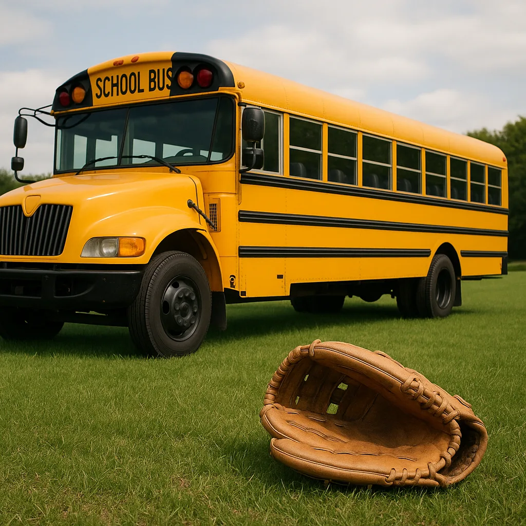 Grassy Field Where a Yellow Bus Is Parked Next