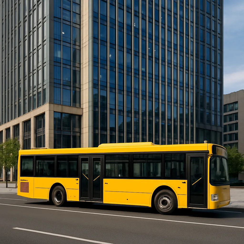 Vibrant Yellow Bus Stationed on the Street Beside a Sleek