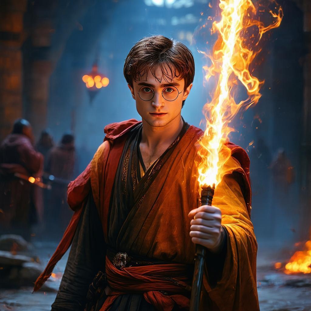 Daniel Radcliffe Cyberpunk Monk With Fire Staff