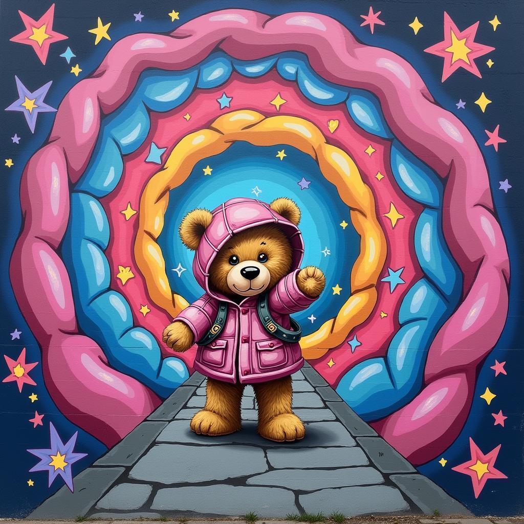 Teddy Bear Mural Through Neon Wonderland Portal