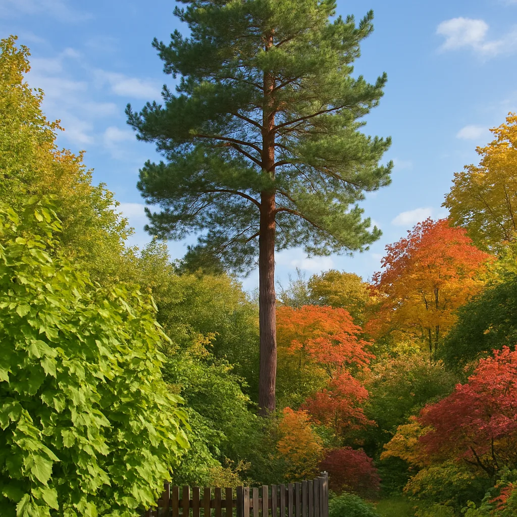 Tall Evergreen Pine Tree Surrounded by Vibrant Green Foliage