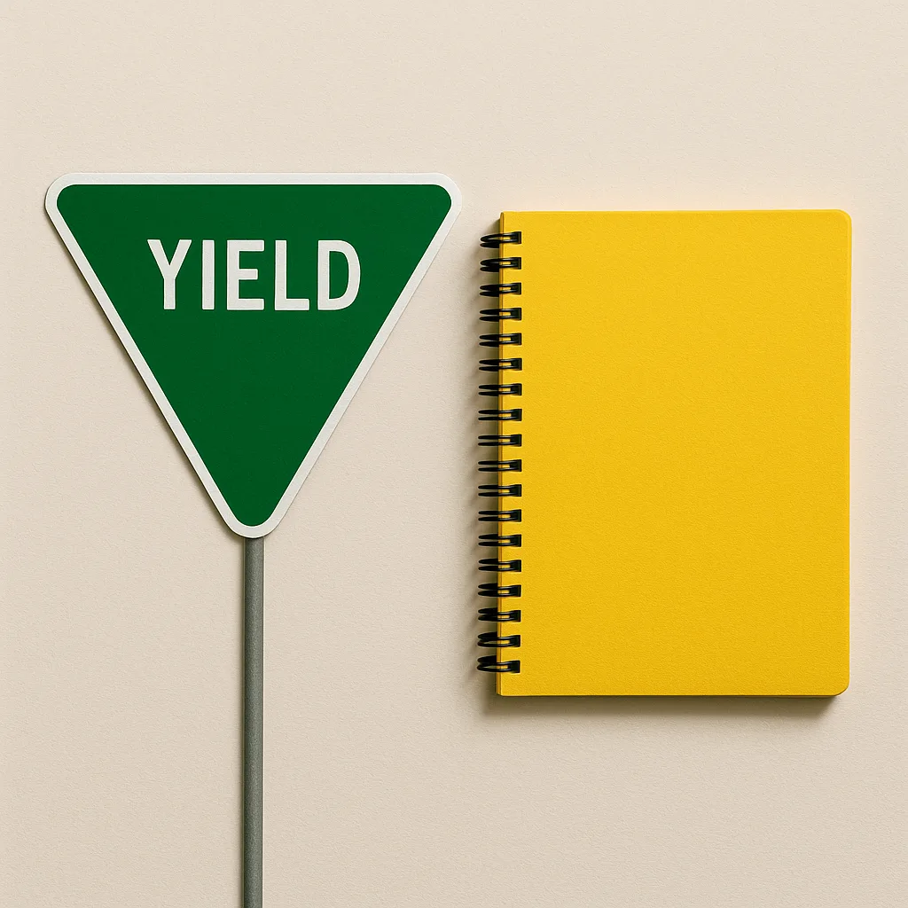 Yellow Notebook Alongside a Green Yield Sign