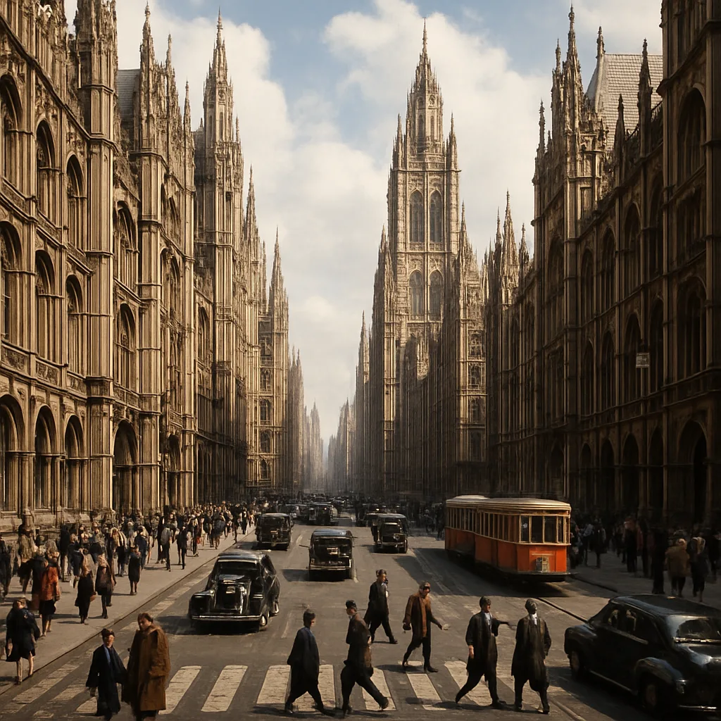 Energetic Street Lined with Grand Neo-Gothic Buildings