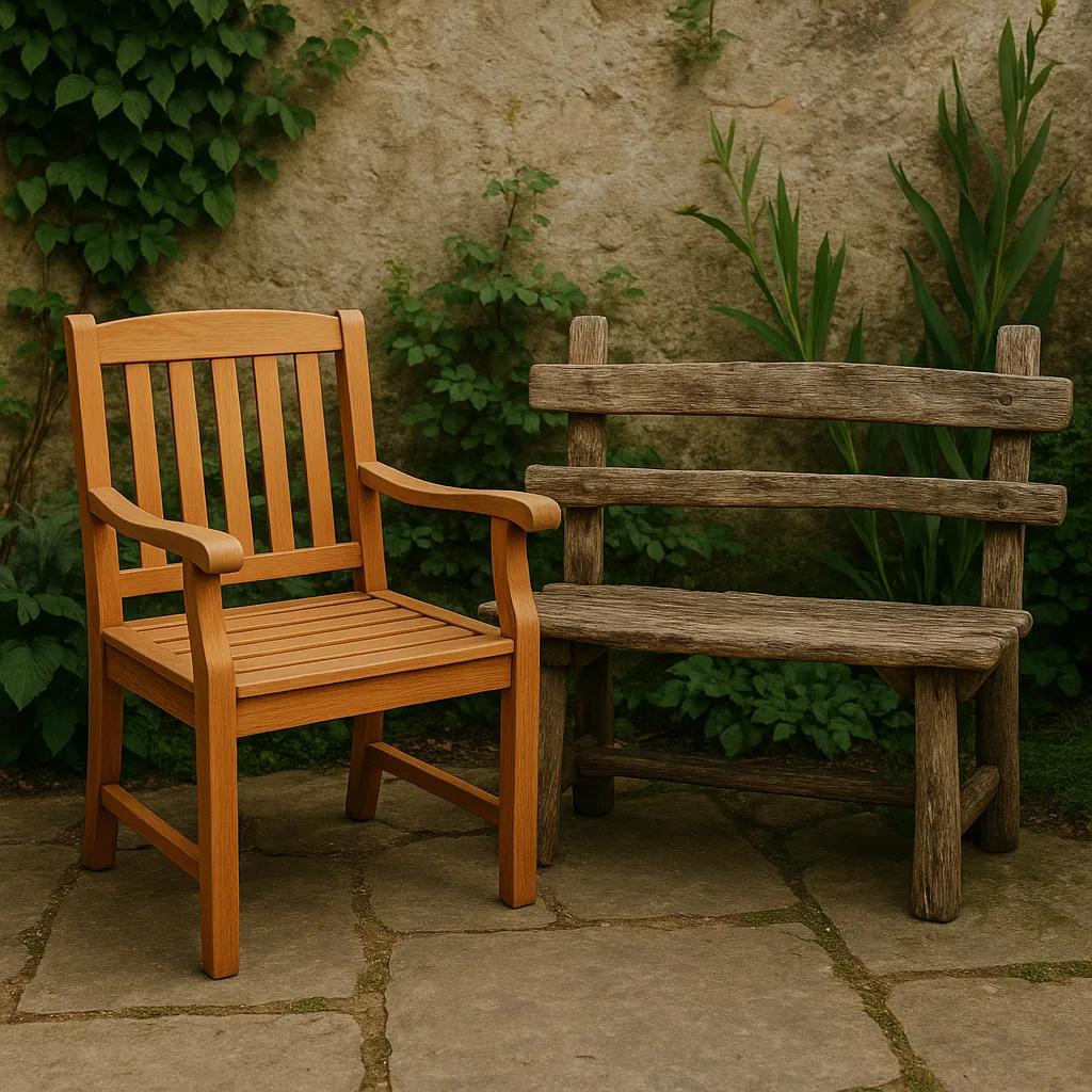Showcasing a Rustic Garden Bench Accompanied by a Wooden Armchair